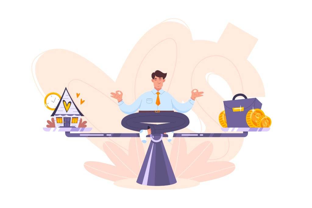 Calm businessman meditating on the scales and keep harmony choose between career and relax, business and family, leisure and money, office job and home. Work life balance concept in flat cartoon style.