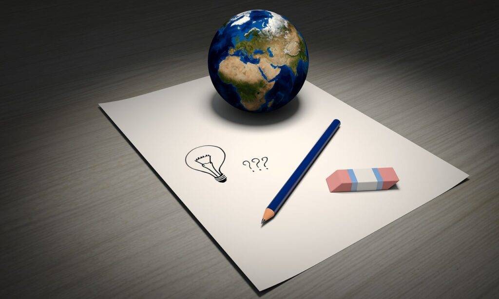 A model globe sitting on a piece of paper while brainstorming ideas.