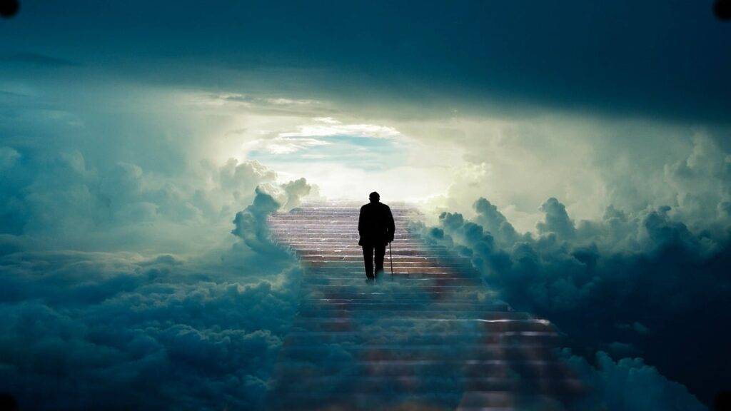 Old man ascending a stairway to heaven.