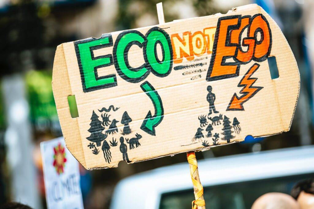 Environmental activism cardboard sign saying eco not ego.