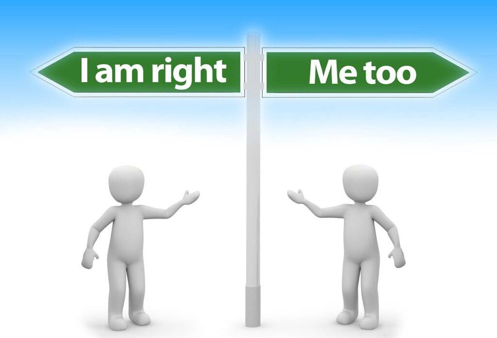 Concept art of two people standing by a post sign saying, "I am right" and "me too."