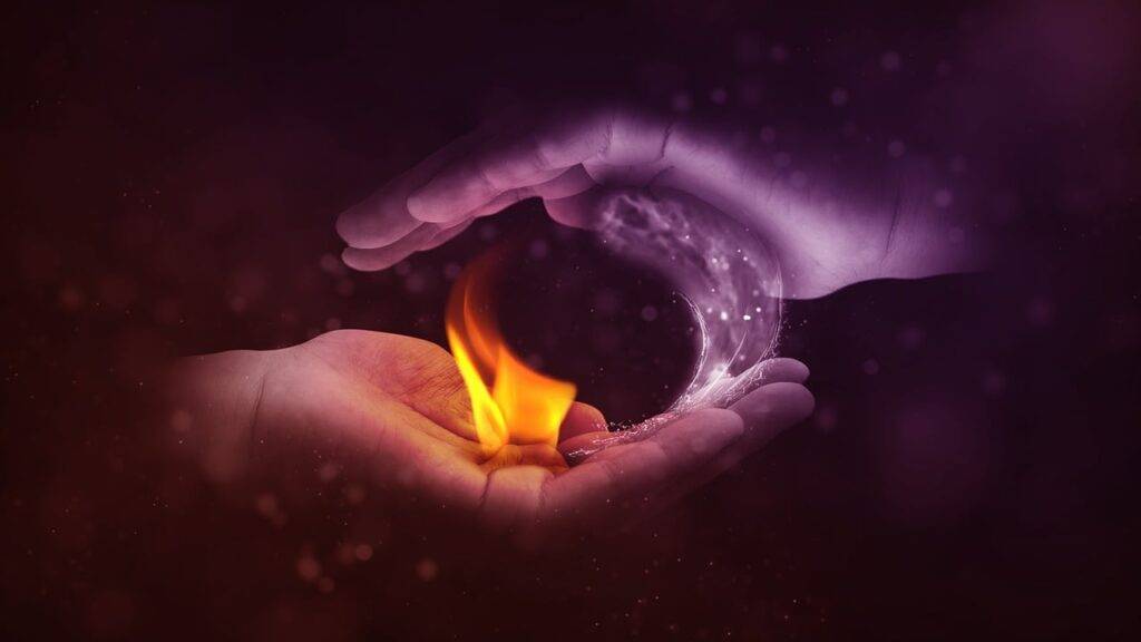 Yin and Yang, fire and water concept art in the palm of your hands.