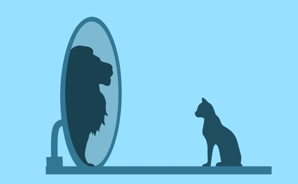 Cat gazing into a mirror and seeing a lion representing true confidence from within.